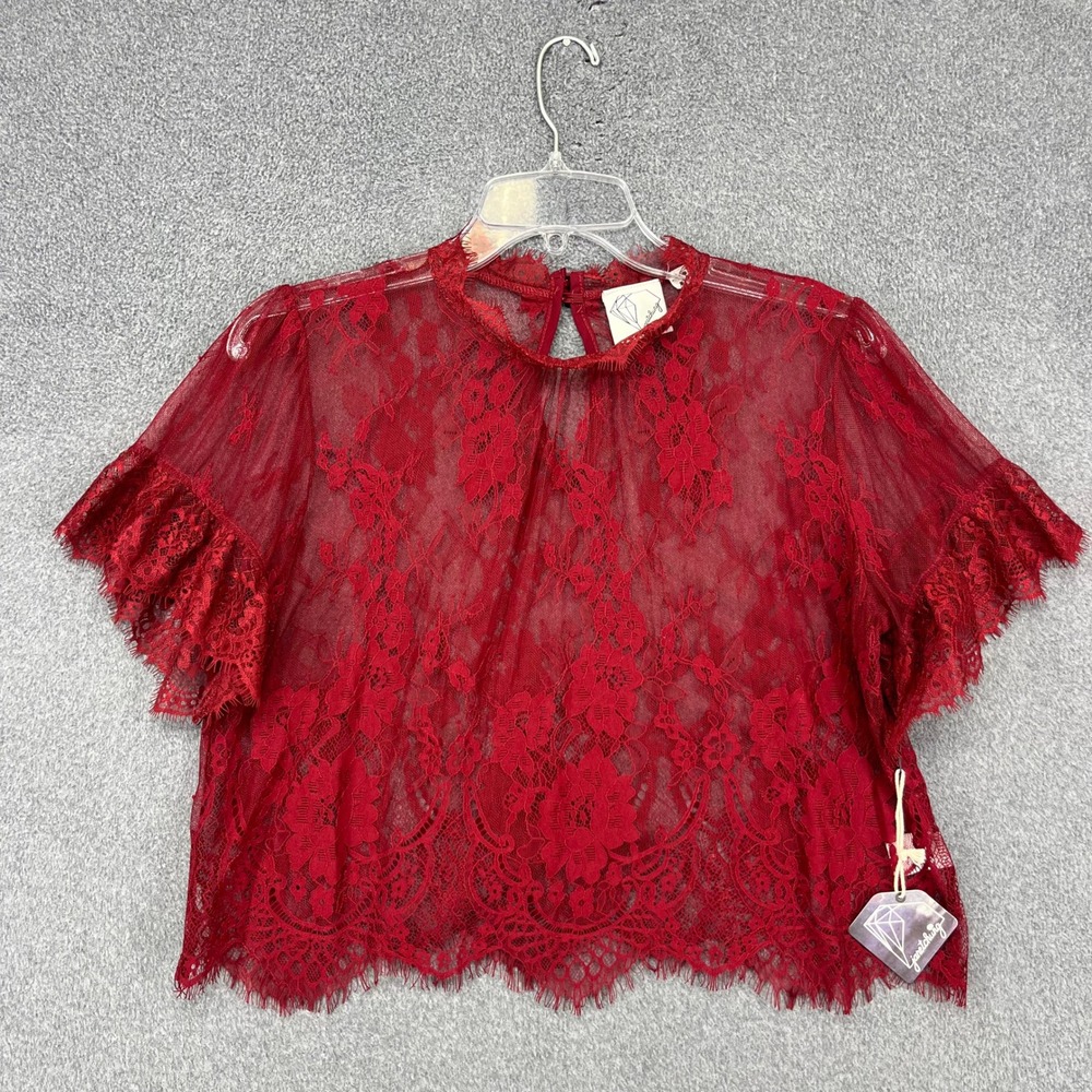 Janet Chung Lace Crop Top Women Medium Burgundy Floral Sheer Ruffle Mock Neck